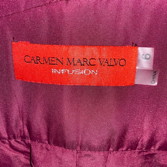 Carmen Marc Valvo Metallic Brocade Cross Front Ballgown with Pockets, Cran/Gold - Picture 7 of 7